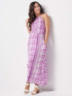 Synergy Organic Cotton Maxi Dress XS Purple Tie Dye Halter Sundress Pockets Boho